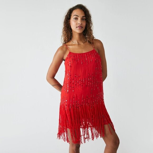 NWT Free People red fringe trim sequin embellished mini dress, XS - Picture 7 of 15